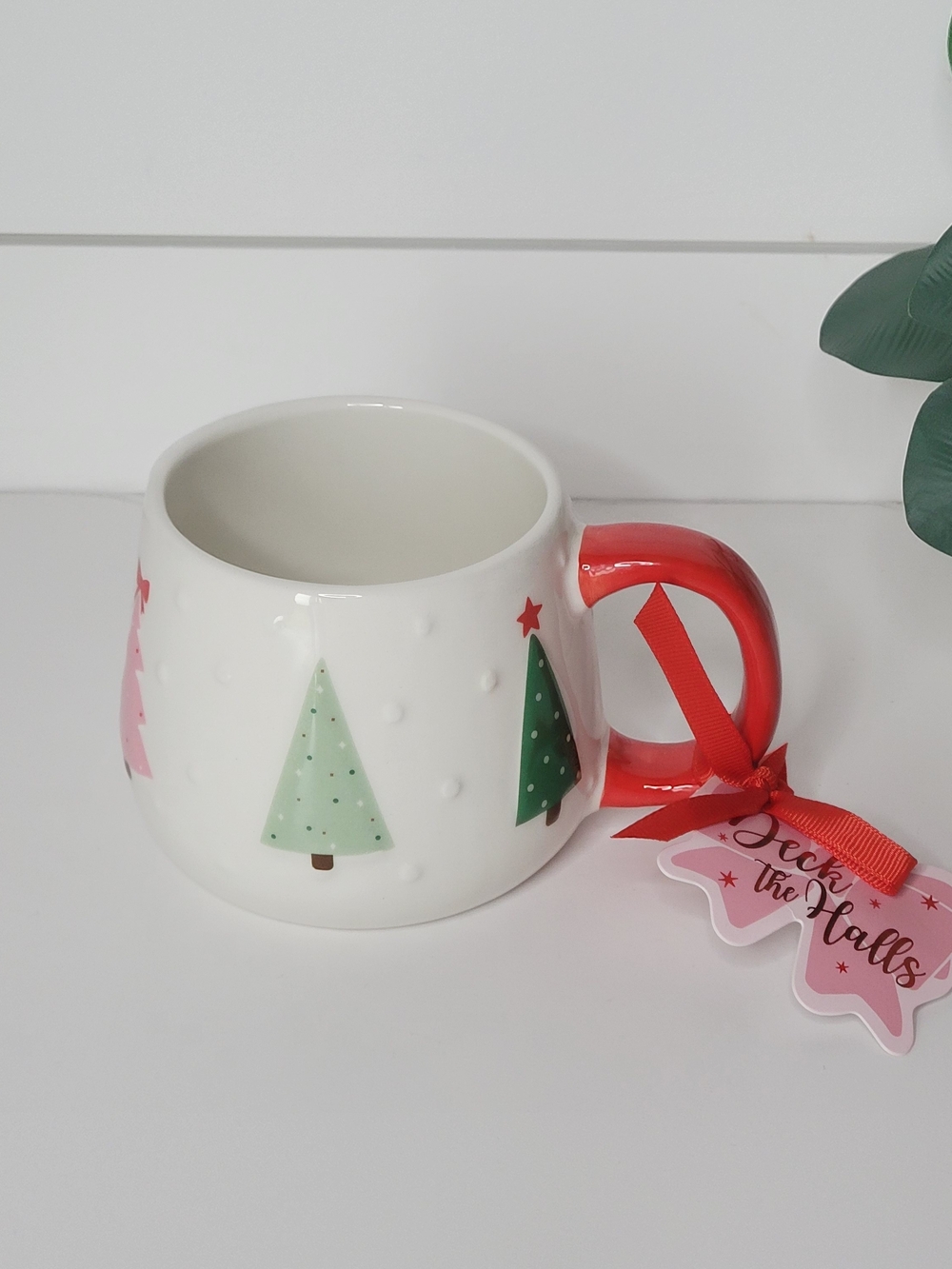 Festive Holiday Ceramic Mug with Pink & Green Tree Motif - Picture 4 of 4